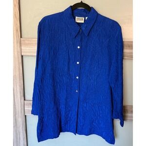 Chicos Design Royal Blue Silk Wool Embroidered Crinkle Button Down Shirt Size 1